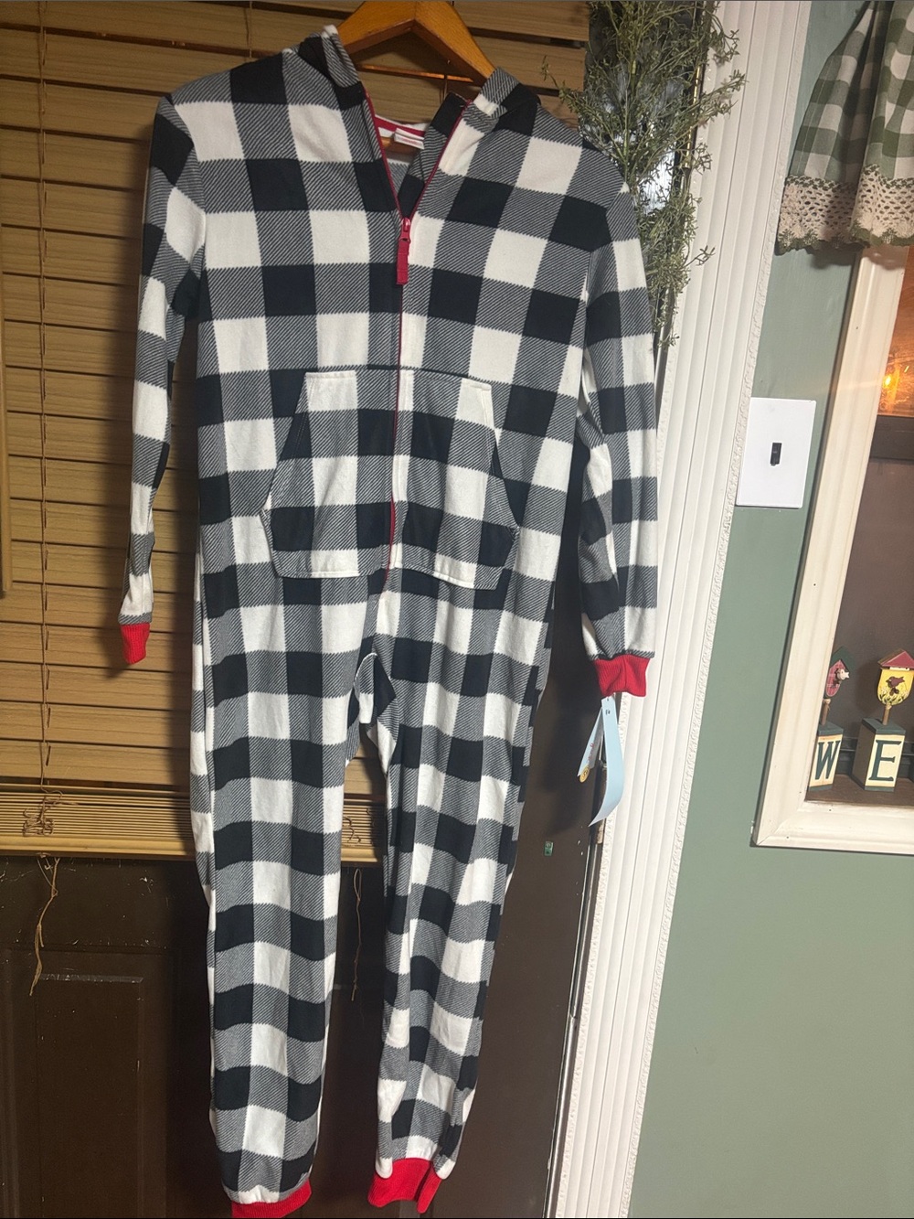 Cat & Jack Black and White Buffalo Plaid Hooded One-Piece Pajama with Red Trim